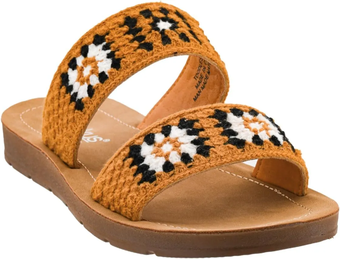 Corkys Footwear Toodles Double Strap Sandal - Featuring Two Colorful Crocheted Straps, A Comfy and Cushioned Insole, Easy and Convenient Slip-On design