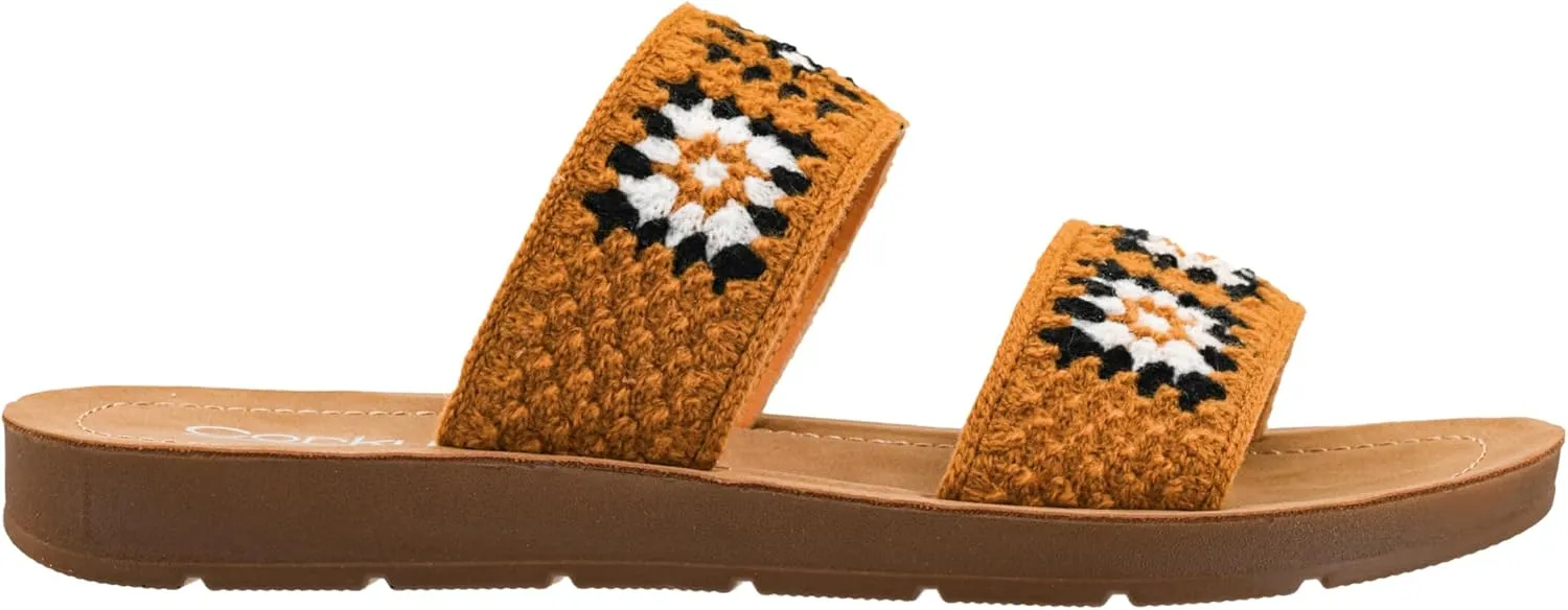 Corkys Footwear Toodles Double Strap Sandal - Featuring Two Colorful Crocheted Straps, A Comfy and Cushioned Insole, Easy and Convenient Slip-On design