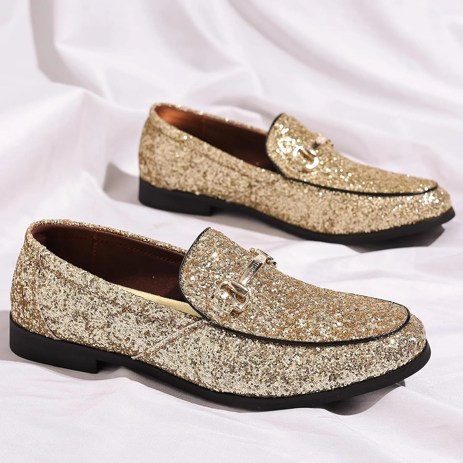 COSIDRAM Men's Glitter Dress Shoes Metallic Sequins Tuxedo Luxury Gold Buckle Loafers Slip-on Wedding Party Shoes