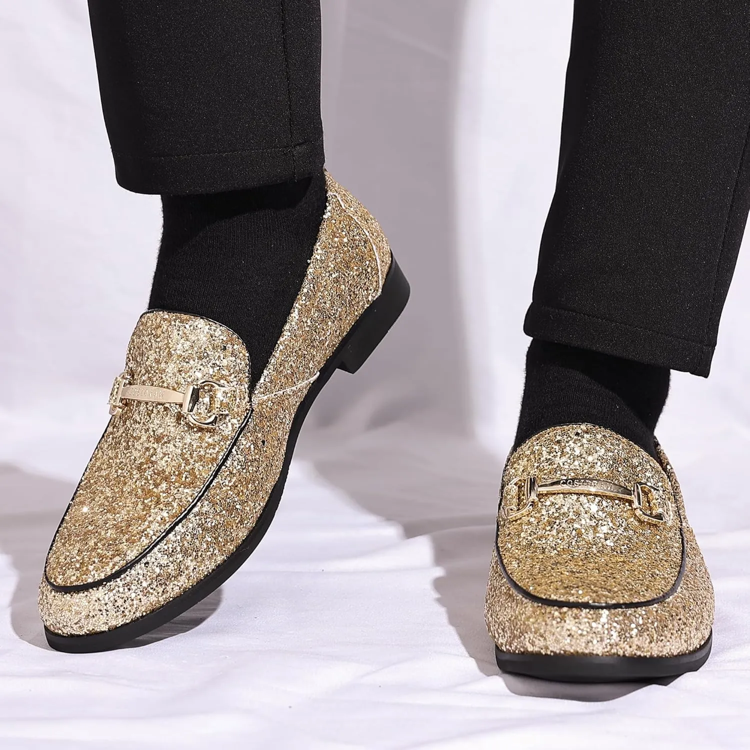 COSIDRAM Men's Glitter Dress Shoes Metallic Sequins Tuxedo Luxury Gold Buckle Loafers Slip-on Wedding Party Shoes