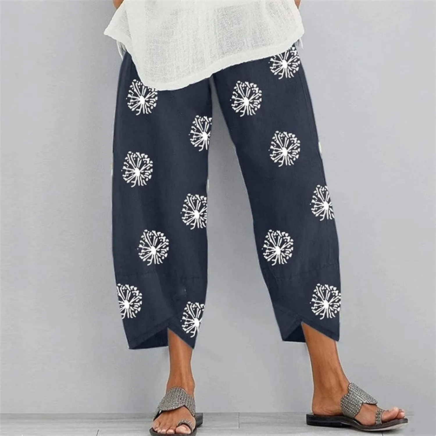 Costaric Cotton Linen Casual Summer Capri Pants Printed Cropped Comfy Baggy Trousers with Pockets Palazzo Lounge Pants
