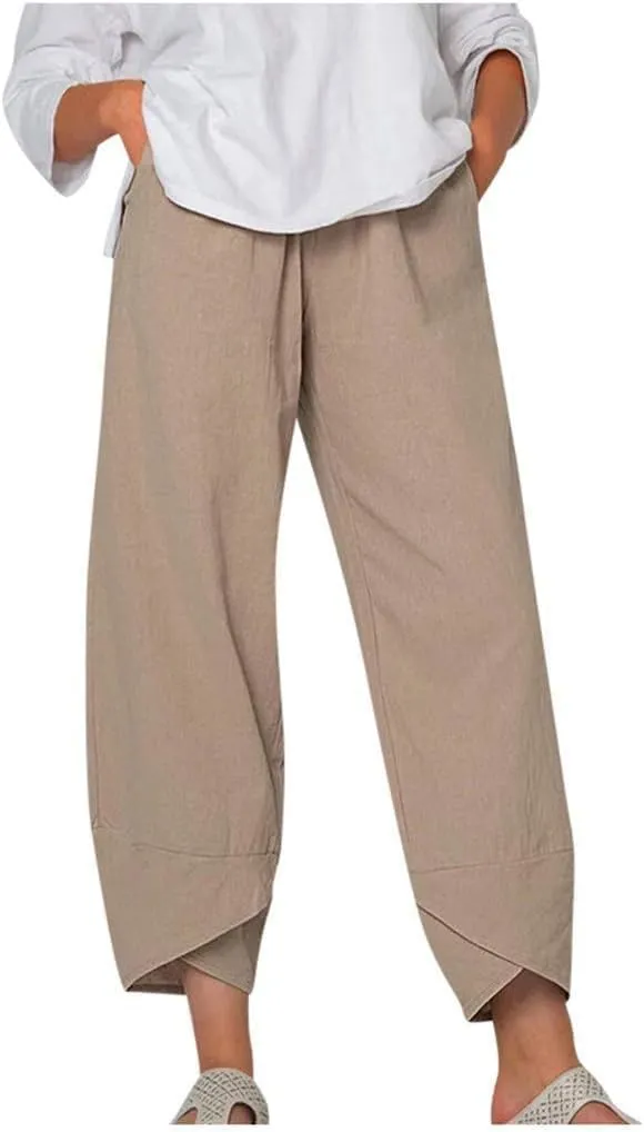 Costaric Cotton Linen Casual Summer Capri Pants Printed Cropped Comfy Baggy Trousers with Pockets Palazzo Lounge Pants