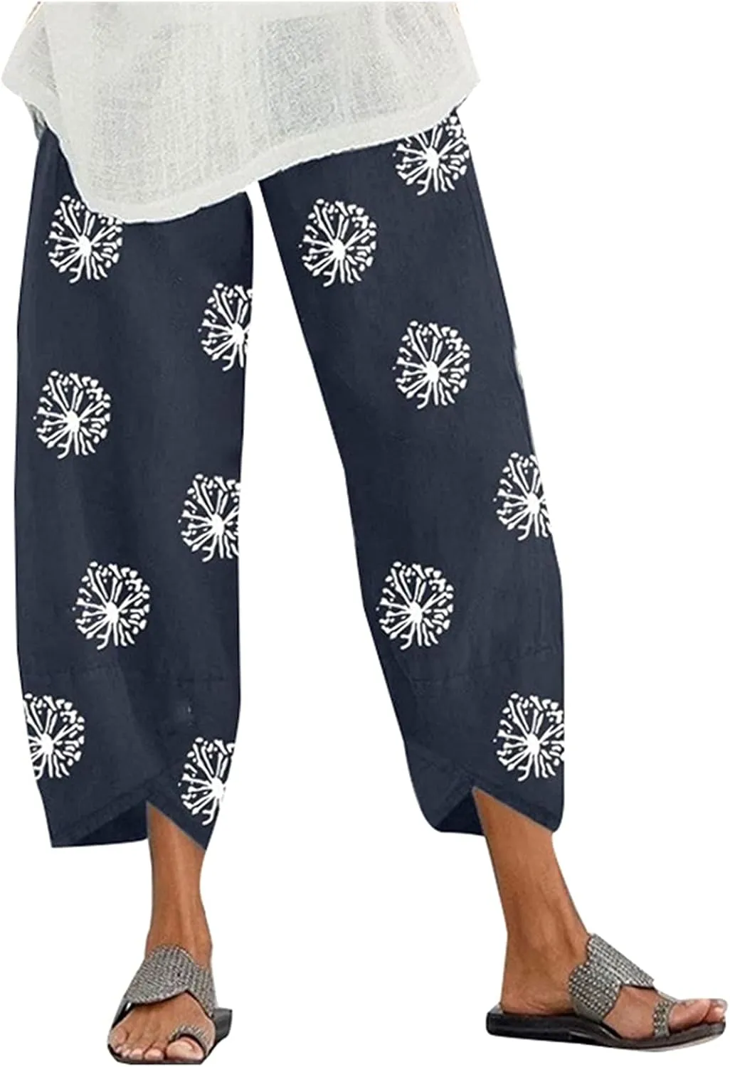 Costaric Cotton Linen Casual Summer Capri Pants Printed Cropped Comfy Baggy Trousers with Pockets Palazzo Lounge Pants