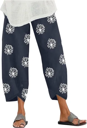 Costaric Cotton Linen Casual Summer Capri Pants Printed Cropped Comfy Baggy Trousers with Pockets Palazzo Lounge Pants