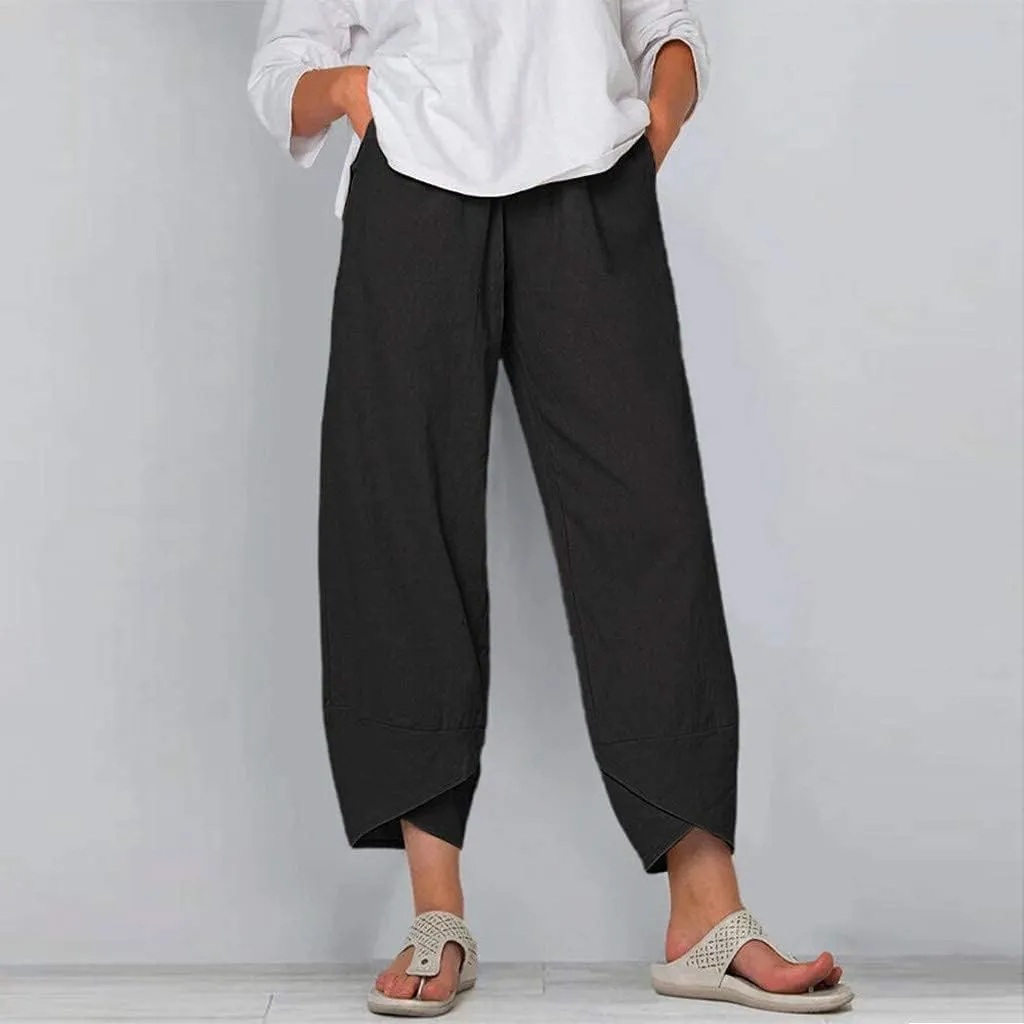 Costaric Cotton Linen Casual Summer Capri Pants Printed Cropped Comfy Baggy Trousers with Pockets Palazzo Lounge Pants