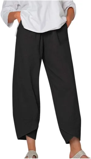 Costaric Cotton Linen Casual Summer Capri Pants Printed Cropped Comfy Baggy Trousers with Pockets Palazzo Lounge Pants