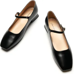 C.Paravano Women's Mary Jane Shoes Square Toe Flats for Women Ballet Flats with Strap Dressy Casual Work Office Party, Low Block Heels Mary Jane Pumps(Black,8)