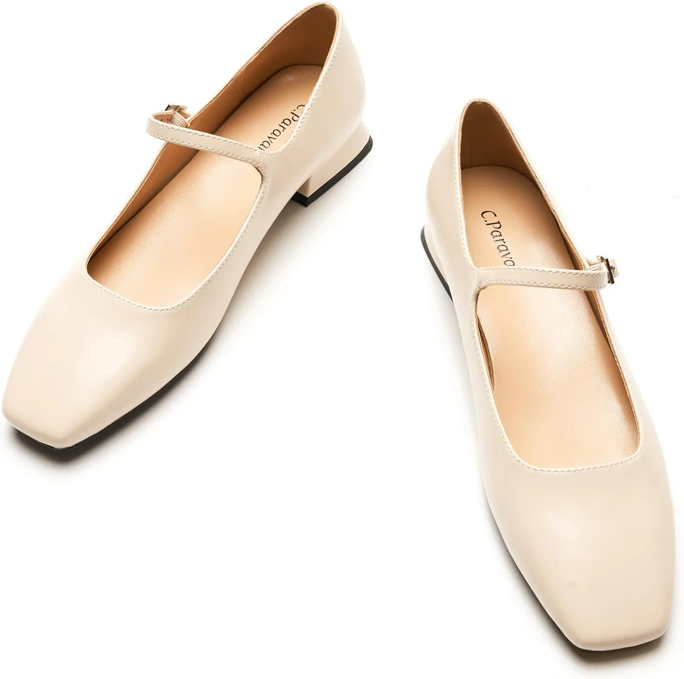 C.Paravano Women's Mary Jane Shoes Square Toe Flats for Women Ballet Flats with Strap Dressy Casual Work Office Party, Low Block Heels Mary Jane Pumps(Ivory,6.5)