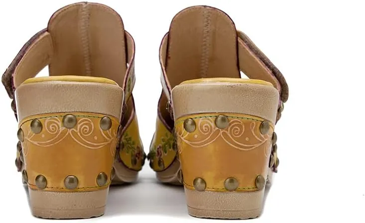 CrazycatZ Womens Leather Clogs Sandals, Colorful Bohemian Mules Block Heels Leather Clogs Shoes
