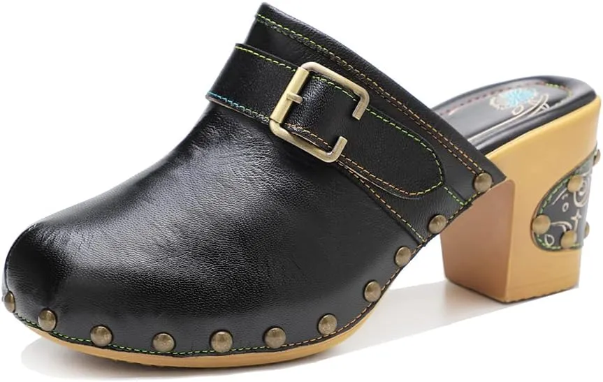 CrazycatZ Womens Leather Clogs Sandals, Colorful Bohemian Mules Block Heels Leather Clogs Shoes