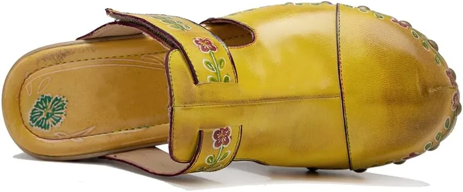 CrazycatZ Womens Leather Clogs Sandals, Colorful Bohemian Mules Block Heels Leather Clogs Shoes