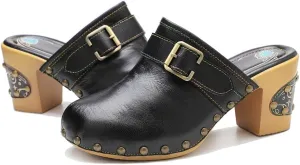 CrazycatZ Womens Leather Clogs Sandals, Colorful Bohemian Mules Block Heels Leather Clogs Shoes