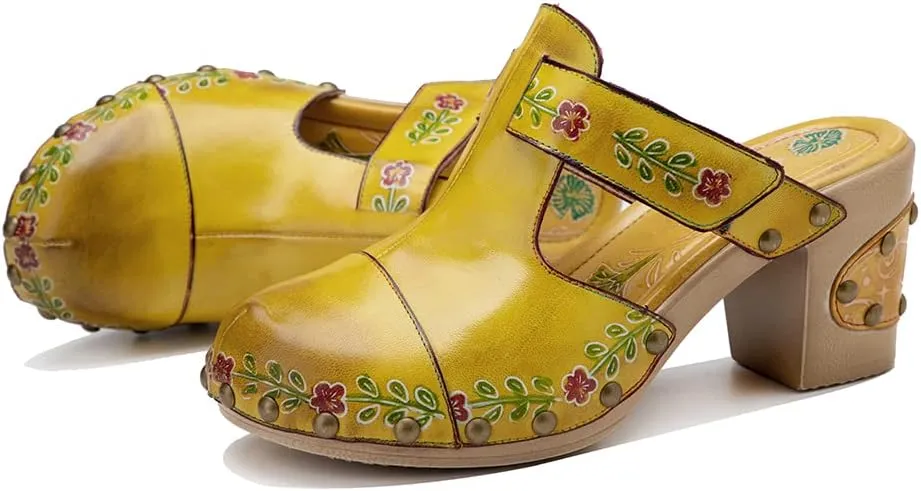 CrazycatZ Womens Leather Clogs Sandals, Colorful Bohemian Mules Block Heels Leather Clogs Shoes