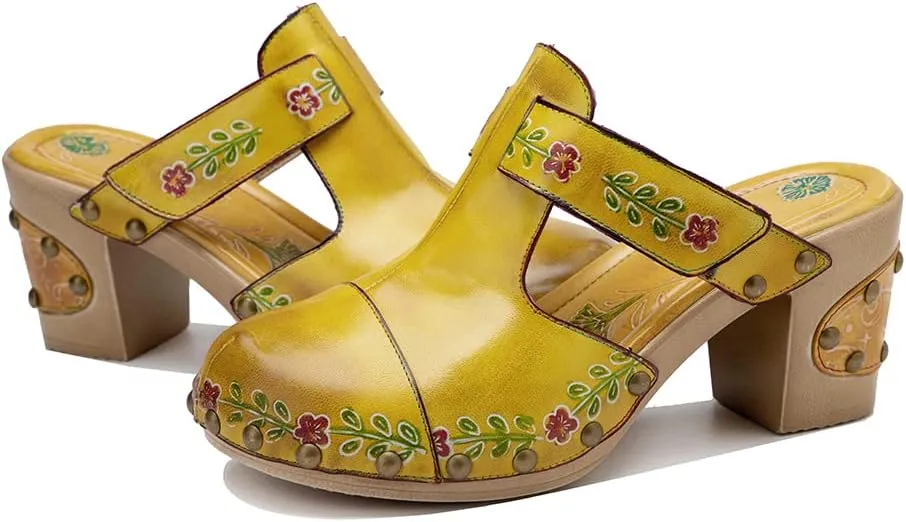 CrazycatZ Womens Leather Clogs Sandals, Colorful Bohemian Mules Block Heels Leather Clogs Shoes