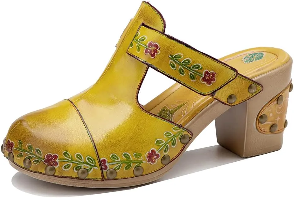 CrazycatZ Womens Leather Clogs Sandals, Colorful Bohemian Mules Block Heels Leather Clogs Shoes
