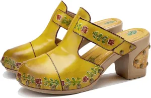 CrazycatZ Womens Leather Clogs Sandals, Colorful Bohemian Mules Block Heels Leather Clogs Shoes