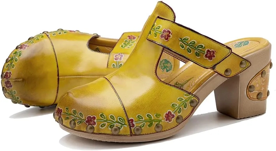 CrazycatZ Womens Leather Clogs Sandals, Colorful Bohemian Mules Block Heels Leather Clogs Shoes