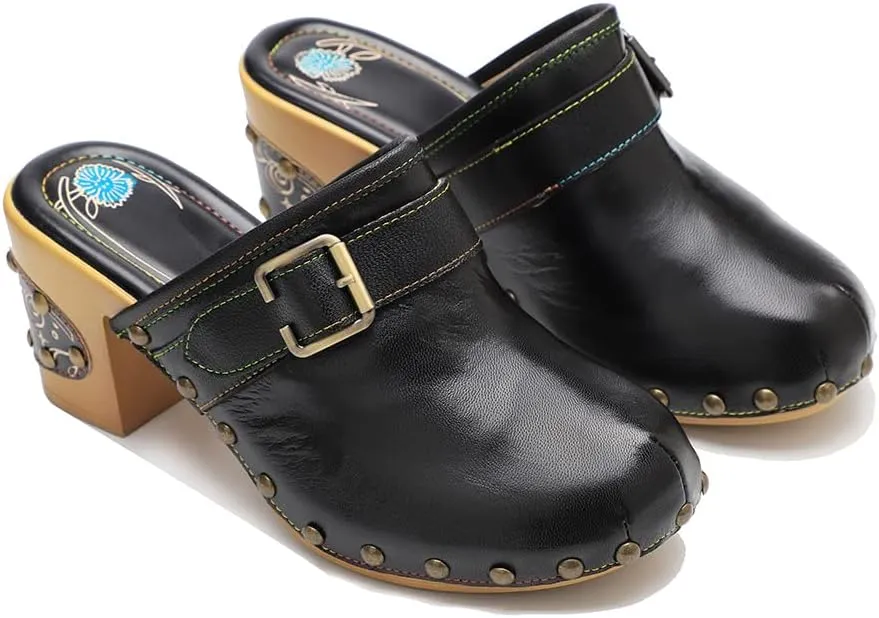 CrazycatZ Womens Leather Clogs Sandals, Colorful Bohemian Mules Block Heels Leather Clogs Shoes