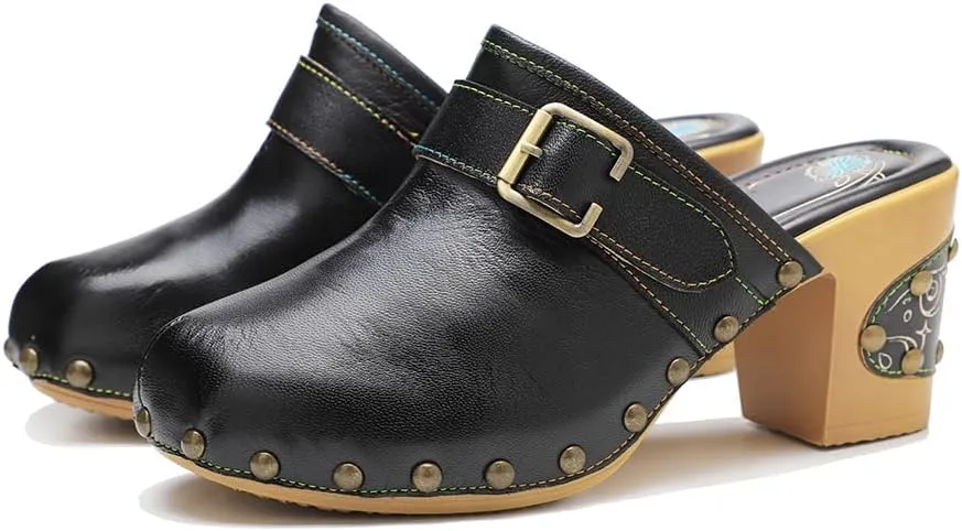 CrazycatZ Womens Leather Clogs Sandals, Colorful Bohemian Mules Block Heels Leather Clogs Shoes