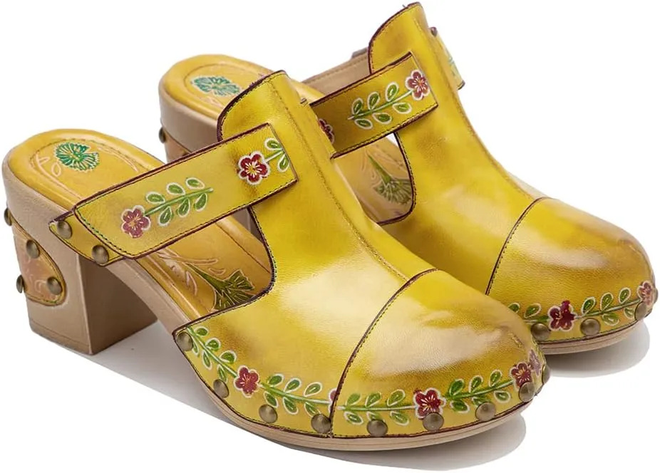 CrazycatZ Womens Leather Clogs Sandals, Colorful Bohemian Mules Block Heels Leather Clogs Shoes