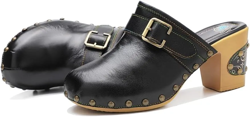 CrazycatZ Womens Leather Clogs Sandals, Colorful Bohemian Mules Block Heels Leather Clogs Shoes