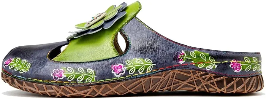 CrazycatZ Womens Leather Clogs Sandals, Colorful Bohemian Mules Sandals