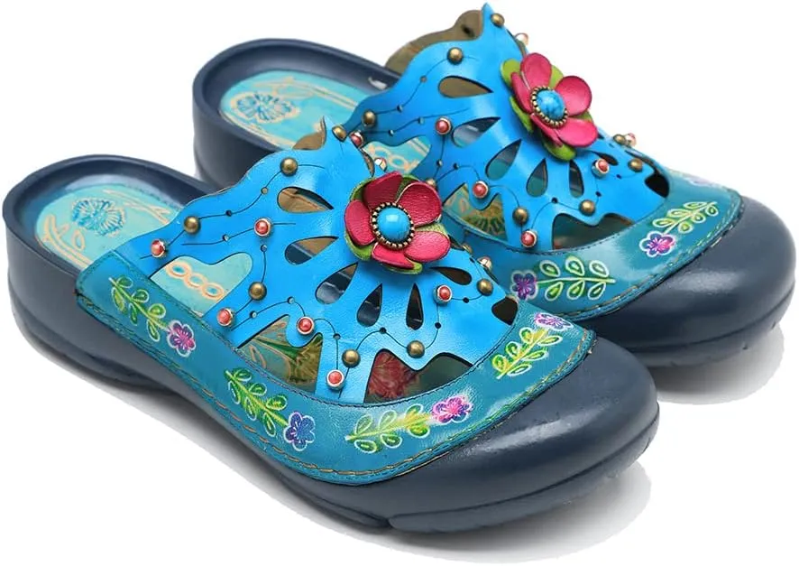 CrazycatZ Womens Leather Clogs Sandals, Colorful Bohemian Mules Sandals