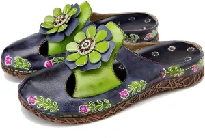 CrazycatZ Womens Leather Clogs Sandals, Colorful Bohemian Mules Sandals