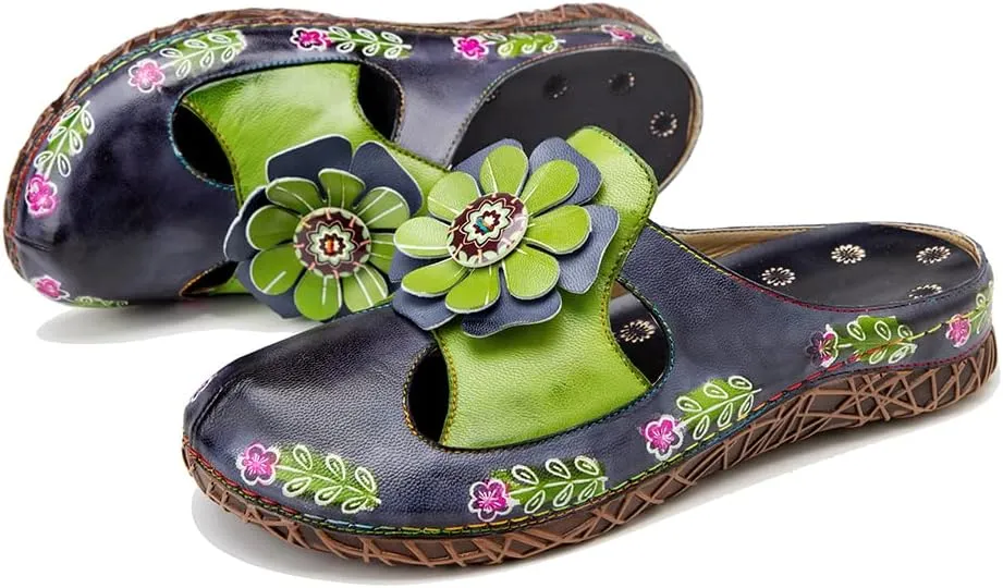 CrazycatZ Womens Leather Clogs Sandals, Colorful Bohemian Mules Sandals