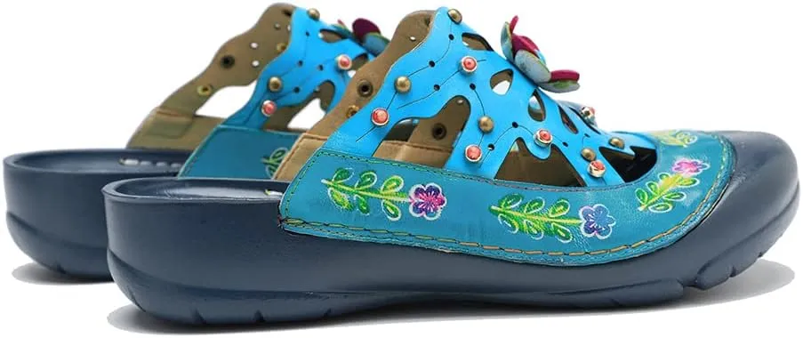 CrazycatZ Womens Leather Clogs Sandals, Colorful Bohemian Mules Sandals