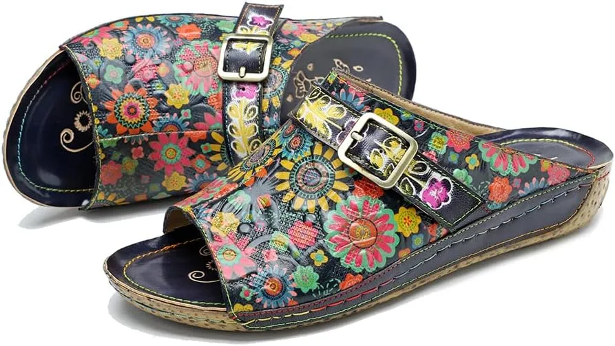 CrazycatZ Womens Leather Clogs Sandals, Colorful Bohemian Mules Sandals