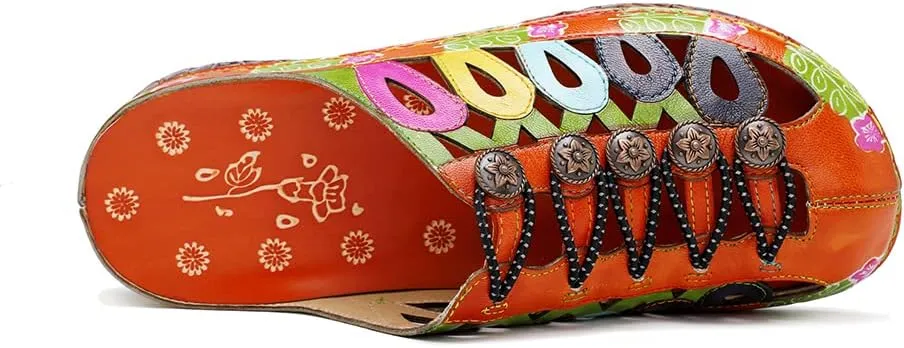 CrazycatZ Womens Leather Clogs Sandals, Colorful Bohemian Mules Sandals
