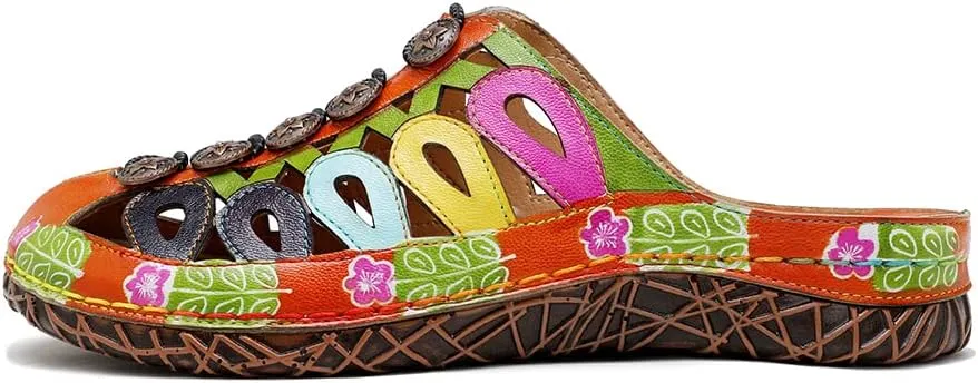 CrazycatZ Womens Leather Clogs Sandals, Colorful Bohemian Mules Sandals