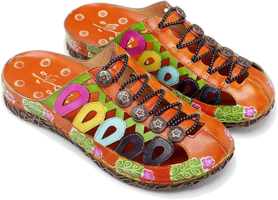CrazycatZ Womens Leather Clogs Sandals, Colorful Bohemian Mules Sandals