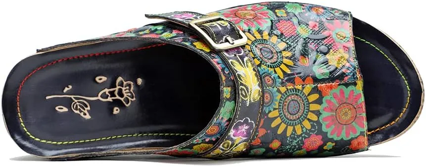 CrazycatZ Womens Leather Clogs Sandals, Colorful Bohemian Mules Sandals