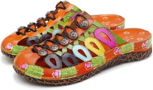 CrazycatZ Womens Leather Clogs Sandals, Colorful Bohemian Mules Sandals