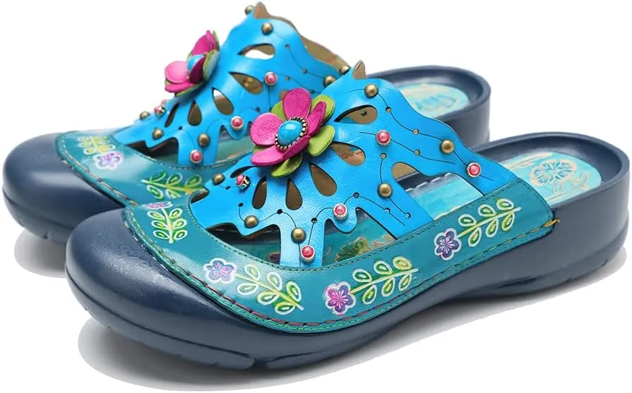 CrazycatZ Womens Leather Clogs Sandals, Colorful Bohemian Mules Sandals