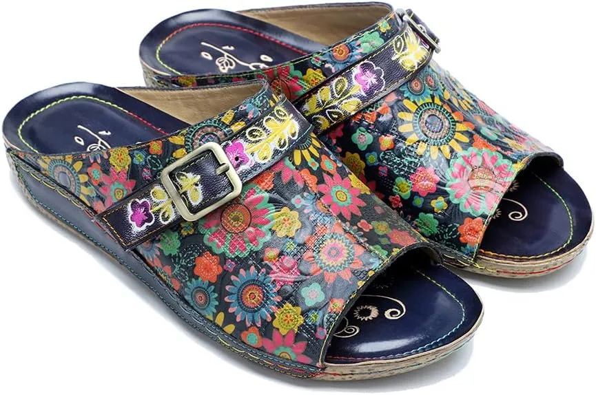 CrazycatZ Womens Leather Clogs Sandals, Colorful Bohemian Mules Sandals