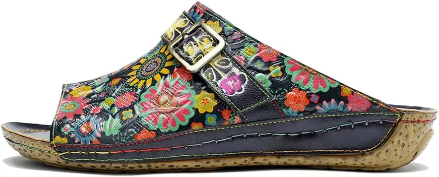 CrazycatZ Womens Leather Clogs Sandals, Colorful Bohemian Mules Sandals