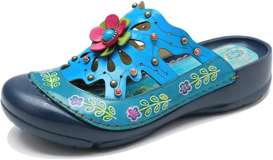 CrazycatZ Womens Leather Clogs Sandals, Colorful Bohemian Mules Sandals
