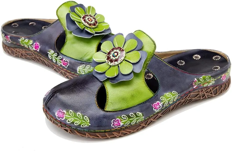 CrazycatZ Womens Leather Clogs Sandals, Colorful Bohemian Mules Sandals
