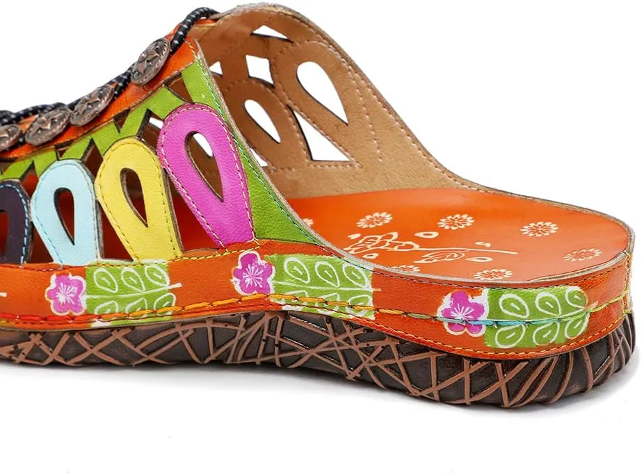 CrazycatZ Womens Leather Clogs Sandals, Colorful Bohemian Mules Sandals