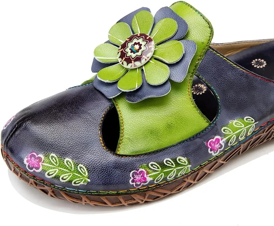 CrazycatZ Womens Leather Clogs Sandals, Colorful Bohemian Mules Sandals