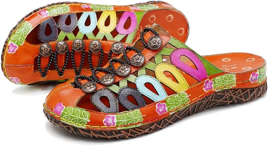 CrazycatZ Womens Leather Clogs Sandals, Colorful Bohemian Mules Sandals