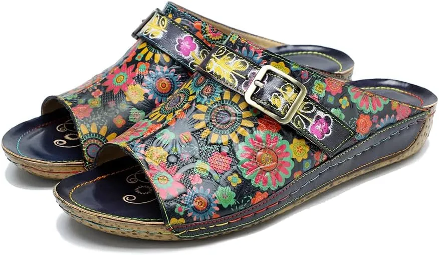 CrazycatZ Womens Leather Clogs Sandals, Colorful Bohemian Mules Sandals