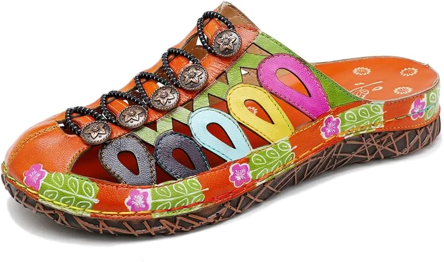 CrazycatZ Womens Leather Clogs Sandals, Colorful Bohemian Mules Sandals