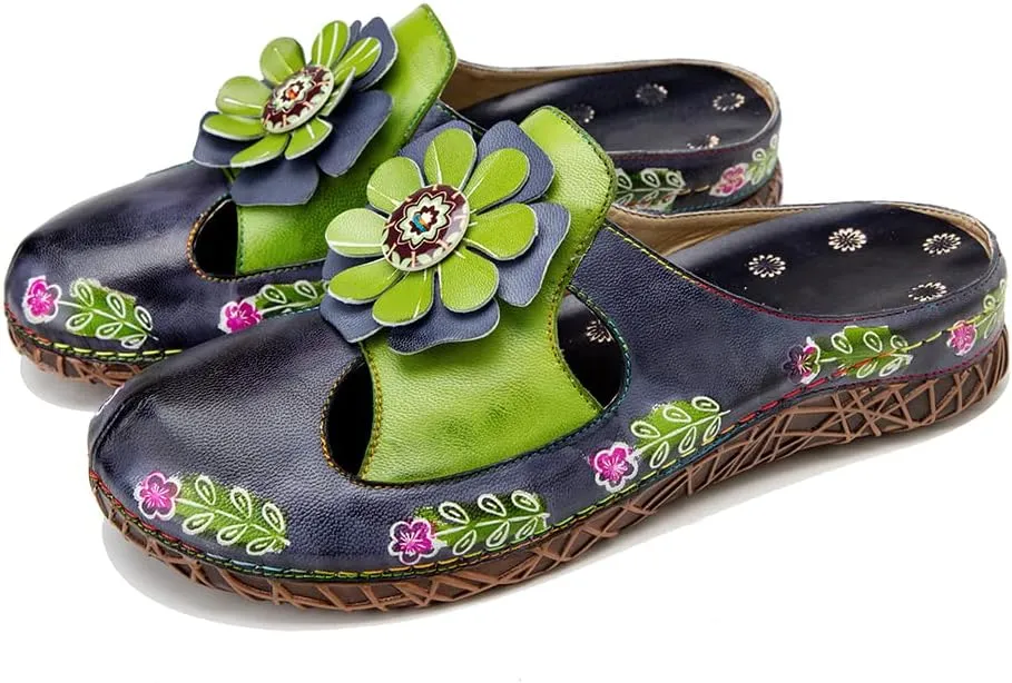 CrazycatZ Womens Leather Clogs Sandals, Colorful Bohemian Mules Sandals