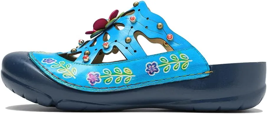 CrazycatZ Womens Leather Clogs Sandals, Colorful Bohemian Mules Sandals