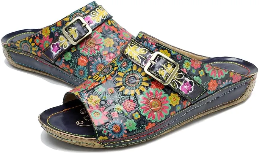 CrazycatZ Womens Leather Clogs Sandals, Colorful Bohemian Mules Sandals