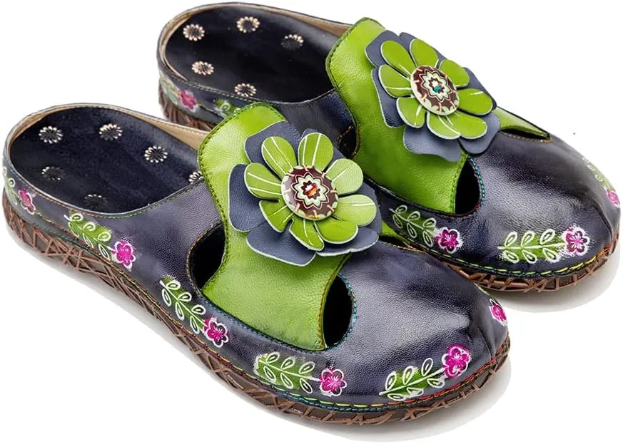 CrazycatZ Womens Leather Clogs Sandals, Colorful Bohemian Mules Sandals